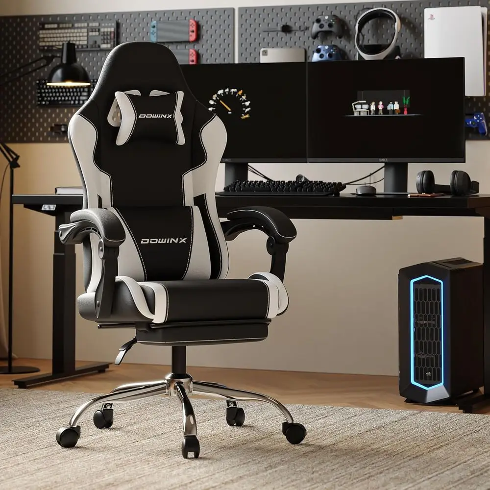 Ergonomic Gaming Chair with Lumbar Support and Pillow, 330lbs Capacity, White, Ideal for Home, Streaming, and Extended Gaming Se