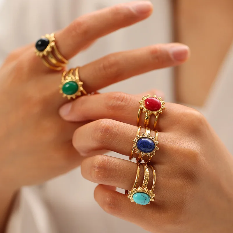 خواتم اللازورد للنساء لون ذهبي من الفولاذ المقاوم للصدأ والأحجار الكريمة قابلة للفتح