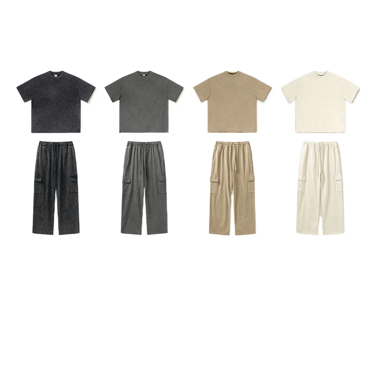 Custom LOGO men's 100% cotton spring and summer new washed and old loose youth 310T-shirt 385G multi-pocket trousers set