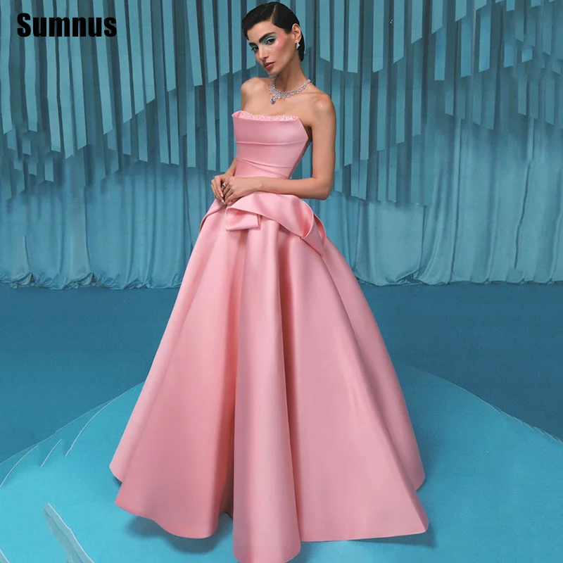 Sumnus فساتين سهرة بسيطة على شكل حرف a من الساتان الوردي بدون حمالات بدون أكمام مطرز بالخرز فساتين رسمية حفل فيستدوس مخصصة