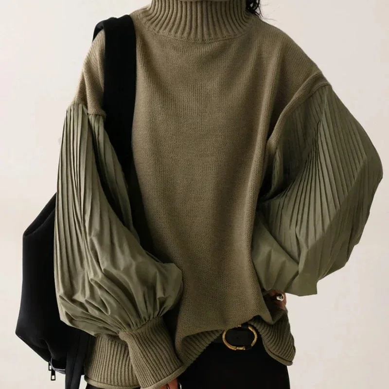 

Elegant Turtleneck Sweater Casual Patchwork Ruffled Sleeves Knit Sweater Coat Autumn And Winter Temperament Loose Women's Wear
