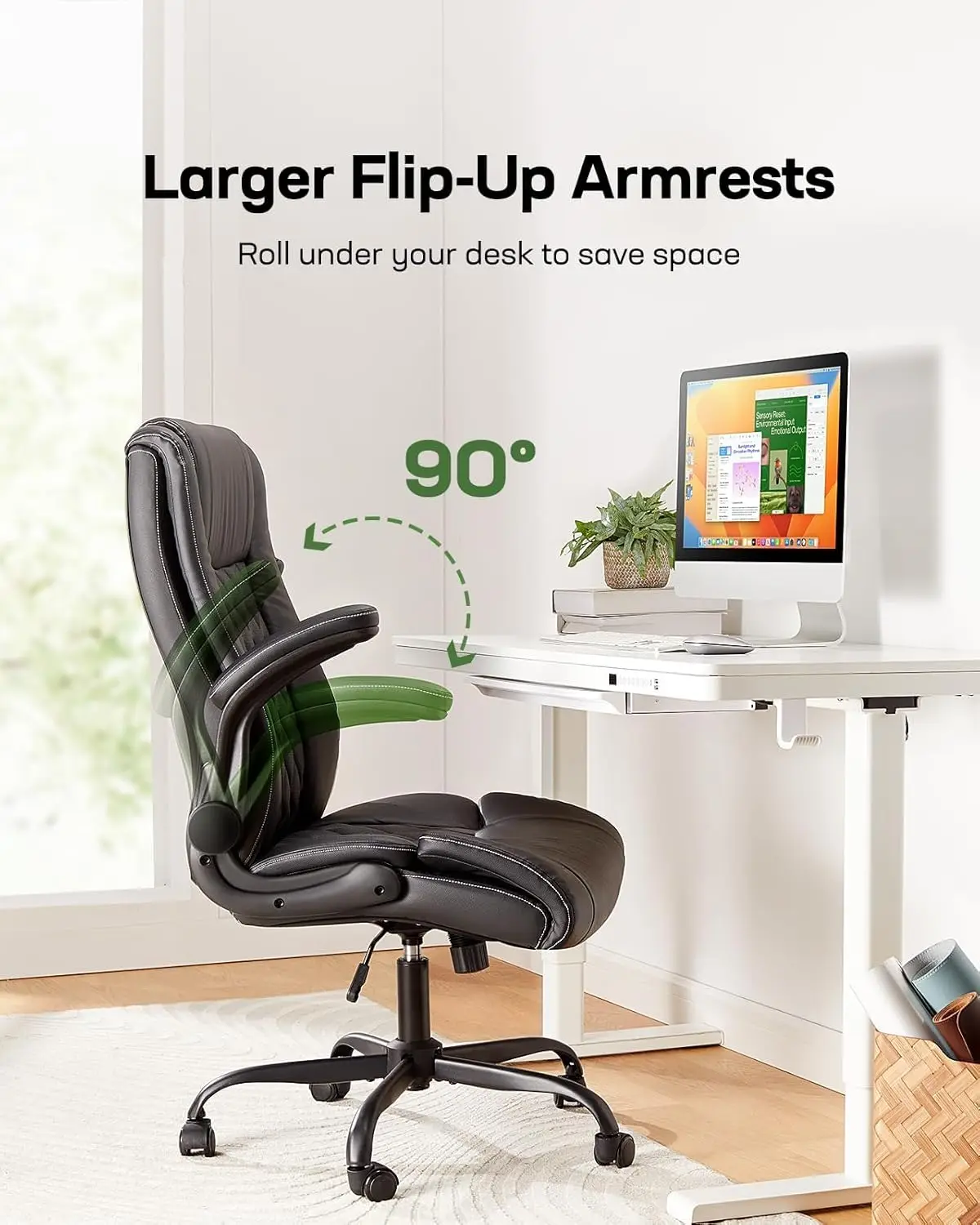 كرسي مكتب تنفيذي مع مساند للذراعين قابلة للطي، كرسي مكتب مريح من جلد البولي يوريثان، كرسي مكتب كمبيوتر دوار قابل للتعديل #6