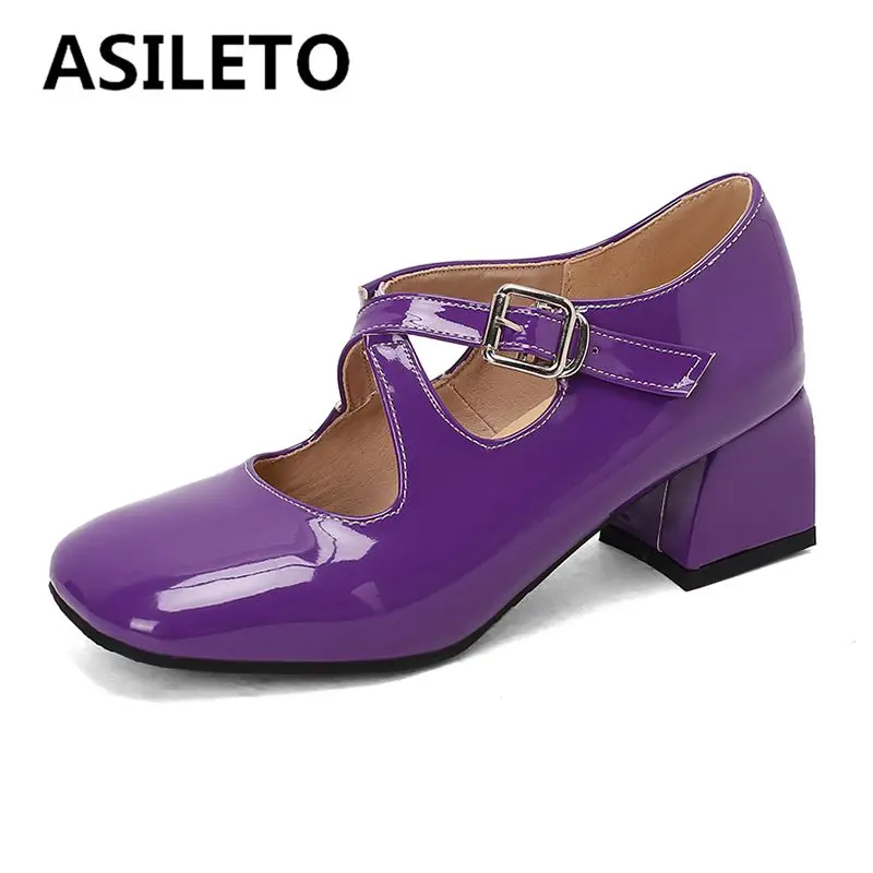 

ASILETO 2025 New Shiny Women Pumps Square Toe Chunky Heels 5.5cm Buckle Strap Large Size 46 47 48 Dating Female Spring Shoes