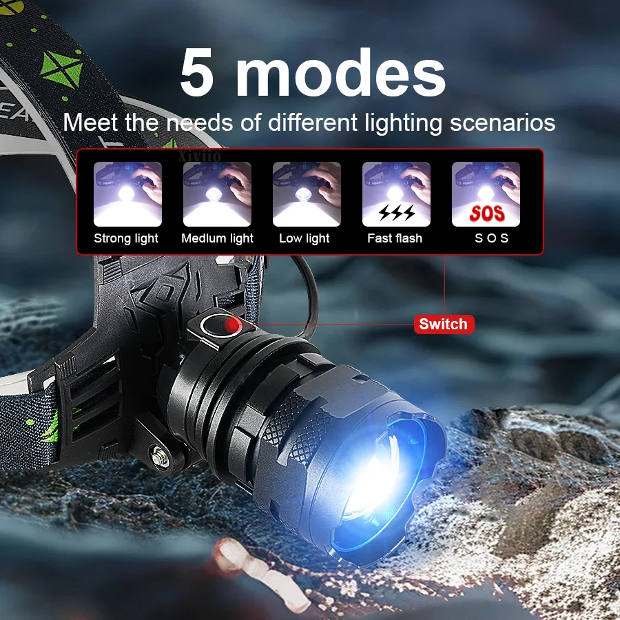 860000000LM Ultra Powerful LED Headlamp Super Bright Long Range 4500M Head Flashlight Rechargeable Head Lantern Fishing Hunting