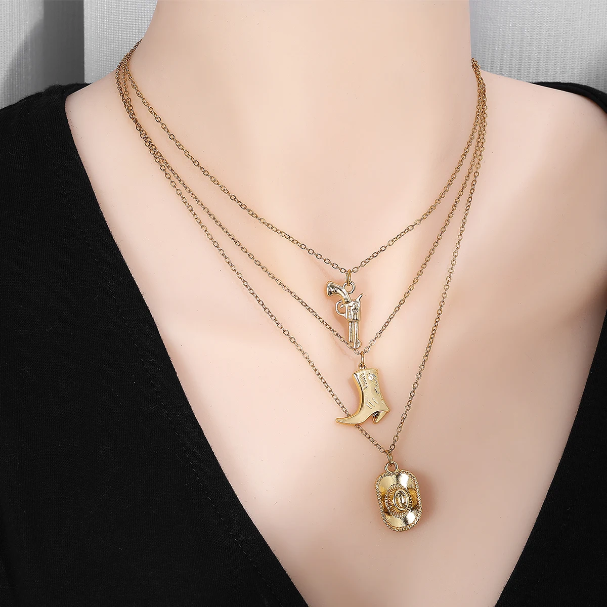 Harong Multilayer Cowboy Cowgirl Necklaces for Women Men Boot Hat Gun Charm Pendant Exquisite Sweatproof Collar Jewelry Gift