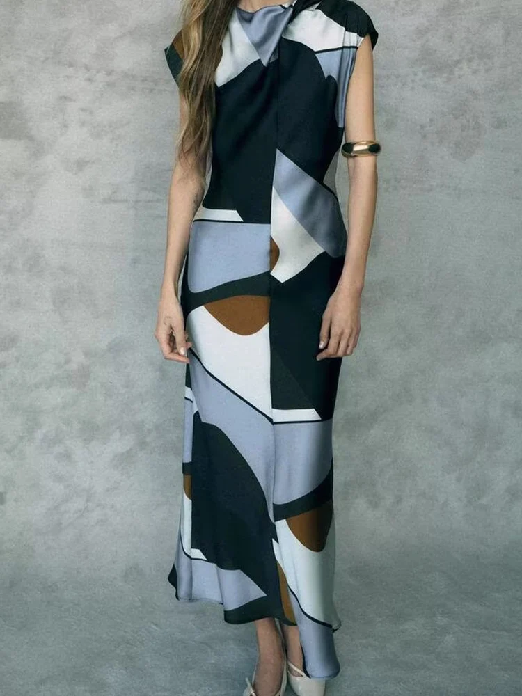 Europejski i amerykański styl, nowa moda, damska retro talia, satynowa tekstura, drukowana sukienka midi, długa spódnica