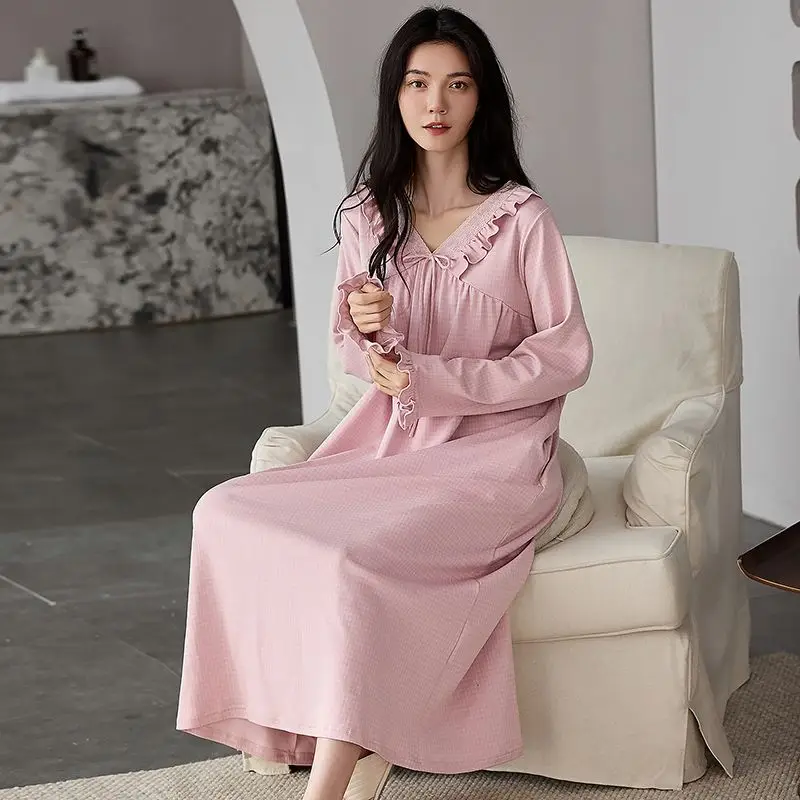 

2025 Autumn Long Sleeve 100% Cotton Nightgowns for Women Korean Cute V-neck Sleepwear Night Dress Nightdress Ladies Home Nighty