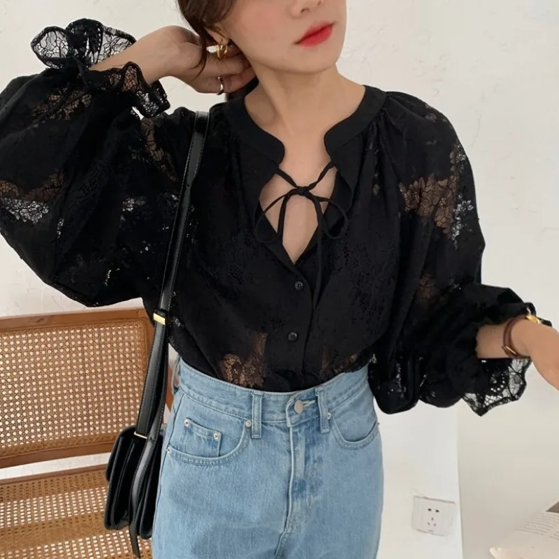 Autumn Hook Hollow Flower Blouse Lace Sexy Casual Lantern Long Sleeve Loose Shirt Fashion Lace-up Black Tops Elegant 10202