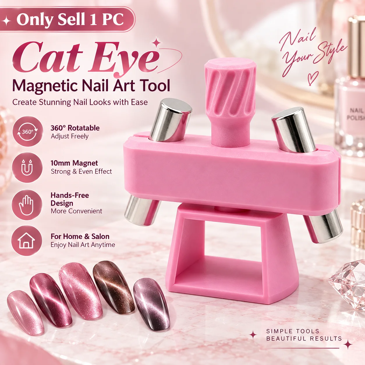 Cat Eye Magnetic Nail Art Tool, Multi‑color Available, 360° Rotatable 10mm Magnet For Fast 3D Glass‑Bead Cat‑Eye Effect
