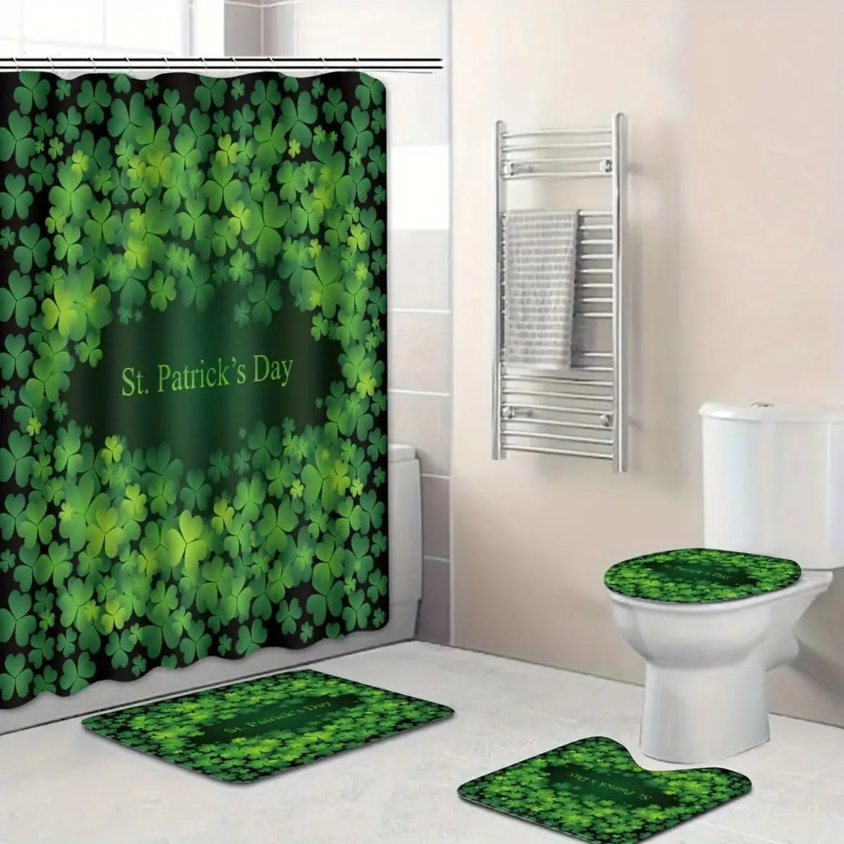 Waterproof St Patricks Day Green Shamrock Shower Curtain Set Bathroom Decor Polyester Tropical Irish Pattern Bath Mat
