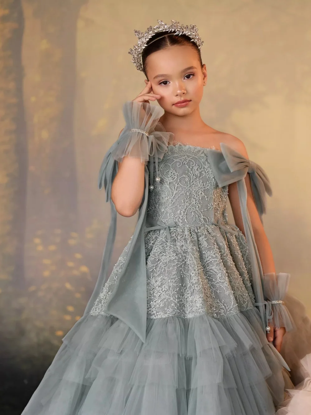 Tiered Tulle Girls Elegant Dresses For Birthday Party Luxury Shinny Lace Beaded Kids Princess Gown Wedding Guest Clothes 3-14Y