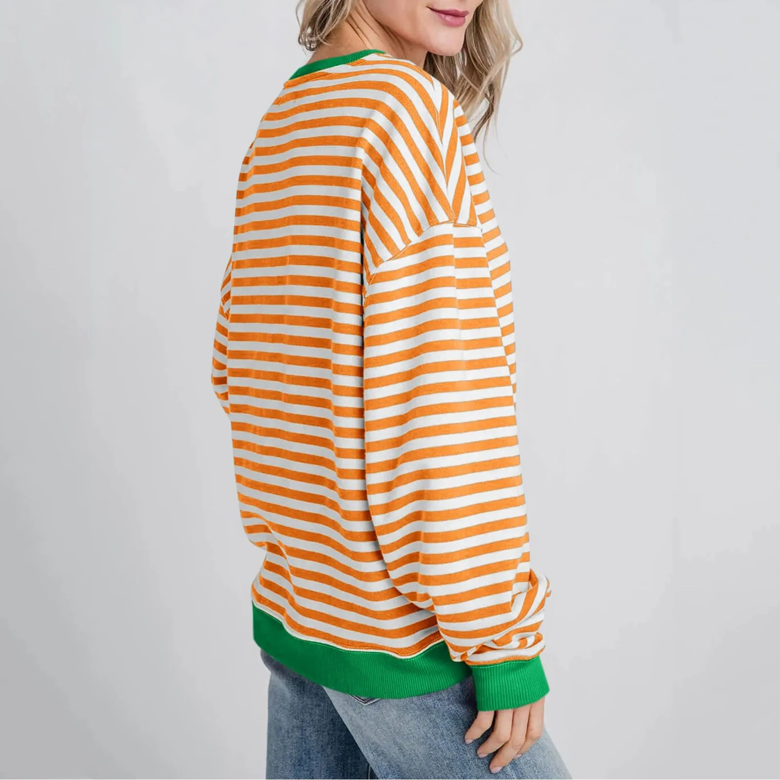 Women's Oversized Striped Color Blocking Long Sleeved Round Neck Sports Shirt Casual Loose Fitting Pullover Shirt Top plus size