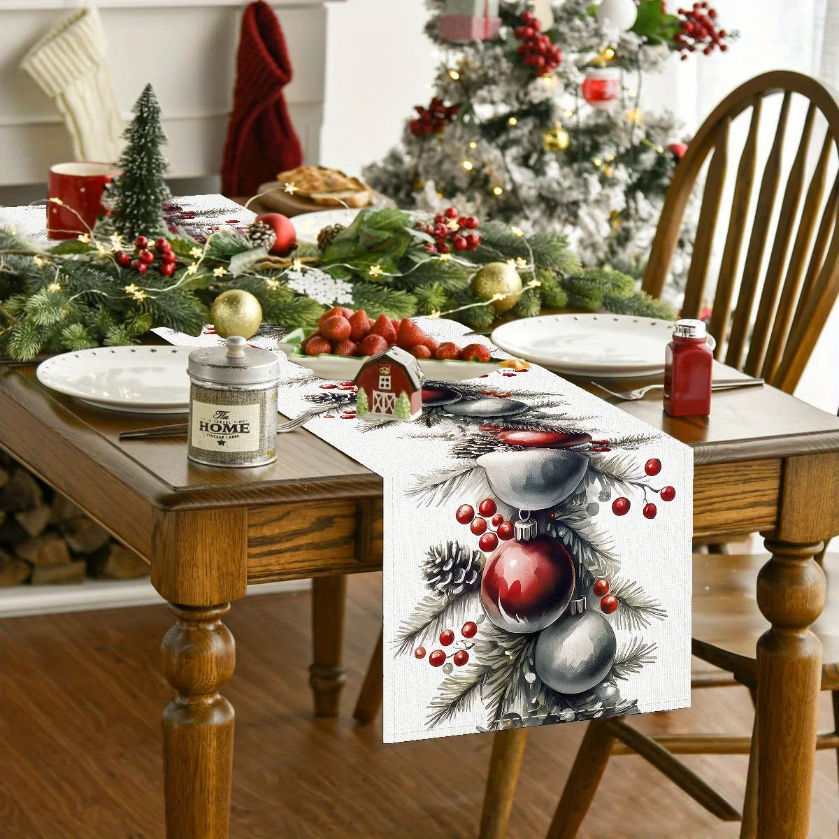 

1pc Christmas Bauble & Pine Branch Table Runner, Festive Red & Silver Ornament Design for Xmas Dinner, Holiday Gifts