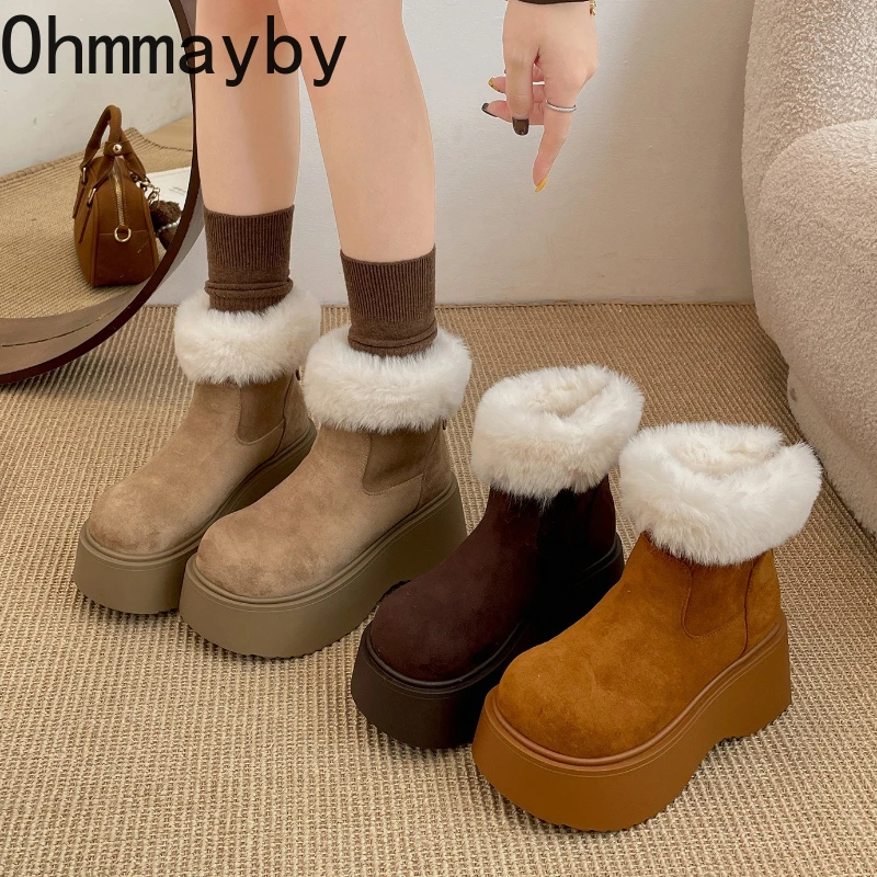 

Winter Vintage Thick Sole Women Fur Lining Snow Boots Concise Height Increase Shoes Ladies Comfort Warm Cotton Short Booties