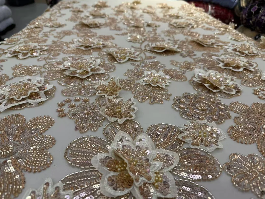 

3D цветы, африканское кружево с бисером, 2026, высокое качество, нигерийская французская сетчатая кружевная ткань с блестками для свадебного платья для женщин