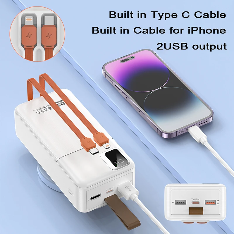 Power Bank Portable Charger With Cables 30000mAh 22.5W Digital Display Powerbank For iPhone 15 Xiaomi Samsung Huawei PowerBank