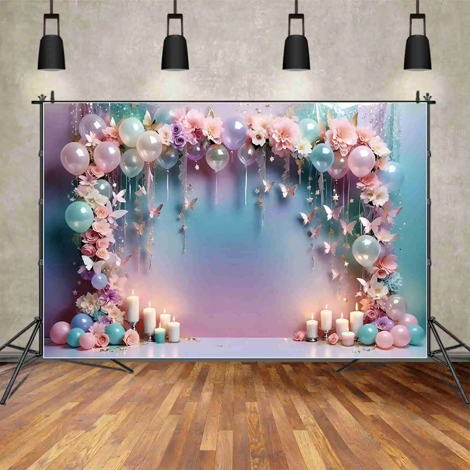 MOON.QG Floral Flower Butterfly First Birthday Backdrop Baby Garland Fringe Balloons Background Custom Party Photocall Supplies