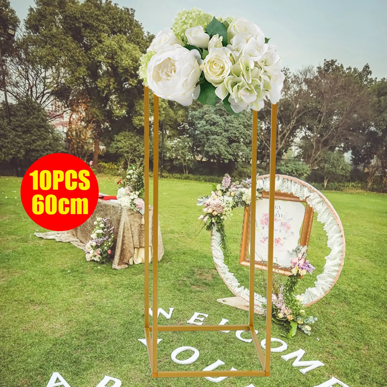 Bymaocar Metal Gold 10 Pcs Set 60cm/23.62in Tall Modern Bouquet Holder for Wedding Party Hotel DIY Decoration with Small Hammer