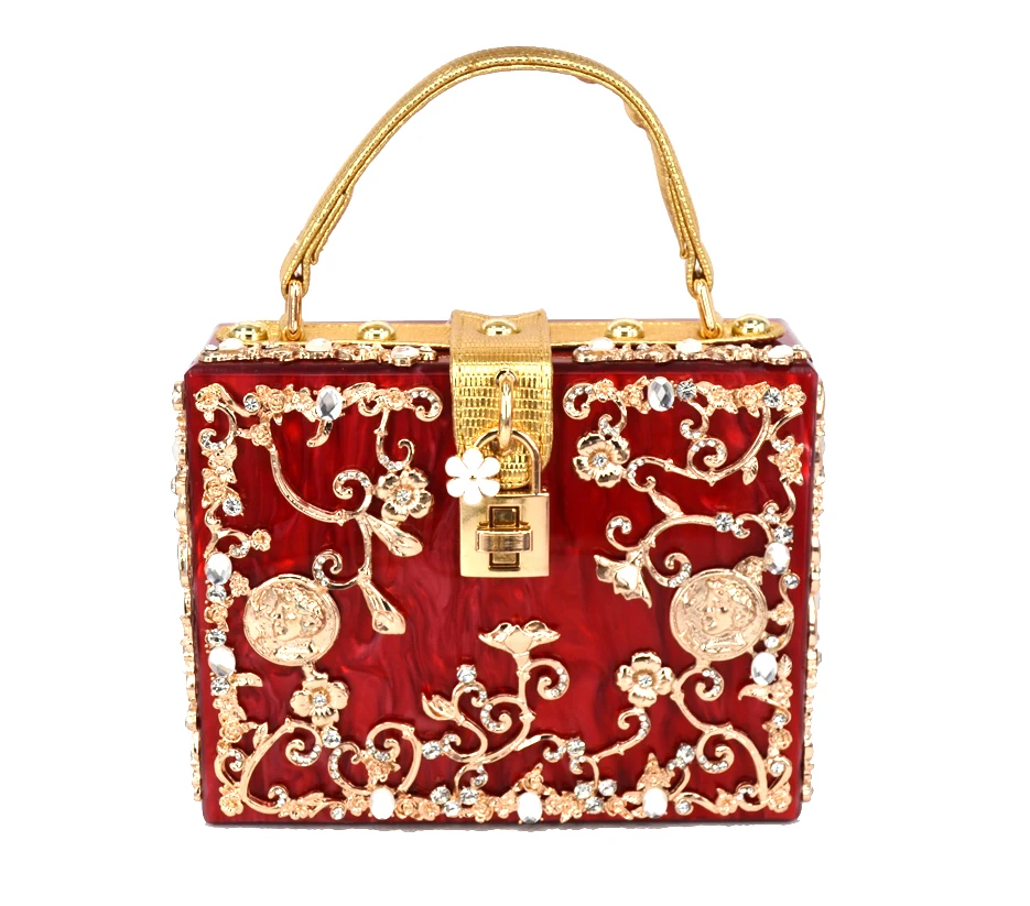 Box Designer Evening Bag Diamond Flower Clutch Bag Hollow Relief Acrylic Luxury Handbag Banquet Party Purse Women's Shoulder Bag