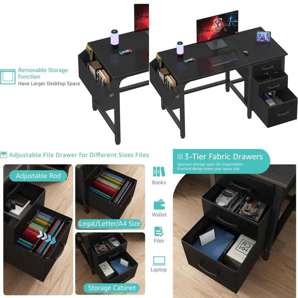 47 مكتب مكتب منزلي أسود مع خزانة ملفات للمساحات المدمجة: مثالي للألعاب والدراسة والكتابة #1