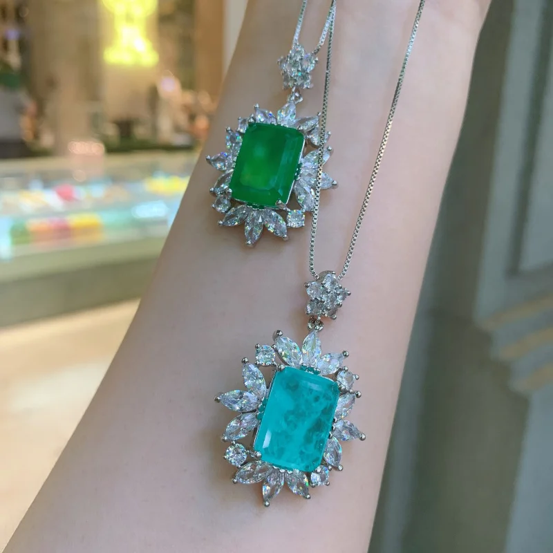 

Korean-style rectangular sapphire emerald , flawless necklace, zircon and jade pendant factory