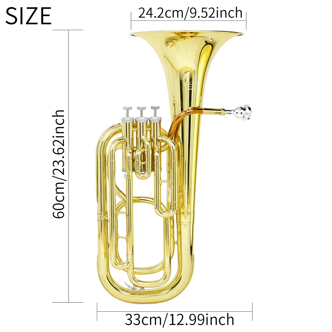 Bb Flat Euphonium Gold Body Silver 3-Valve Keys Euphonium Phosphor Copper Tenor Horn with Parts for Beginner Exam Performance