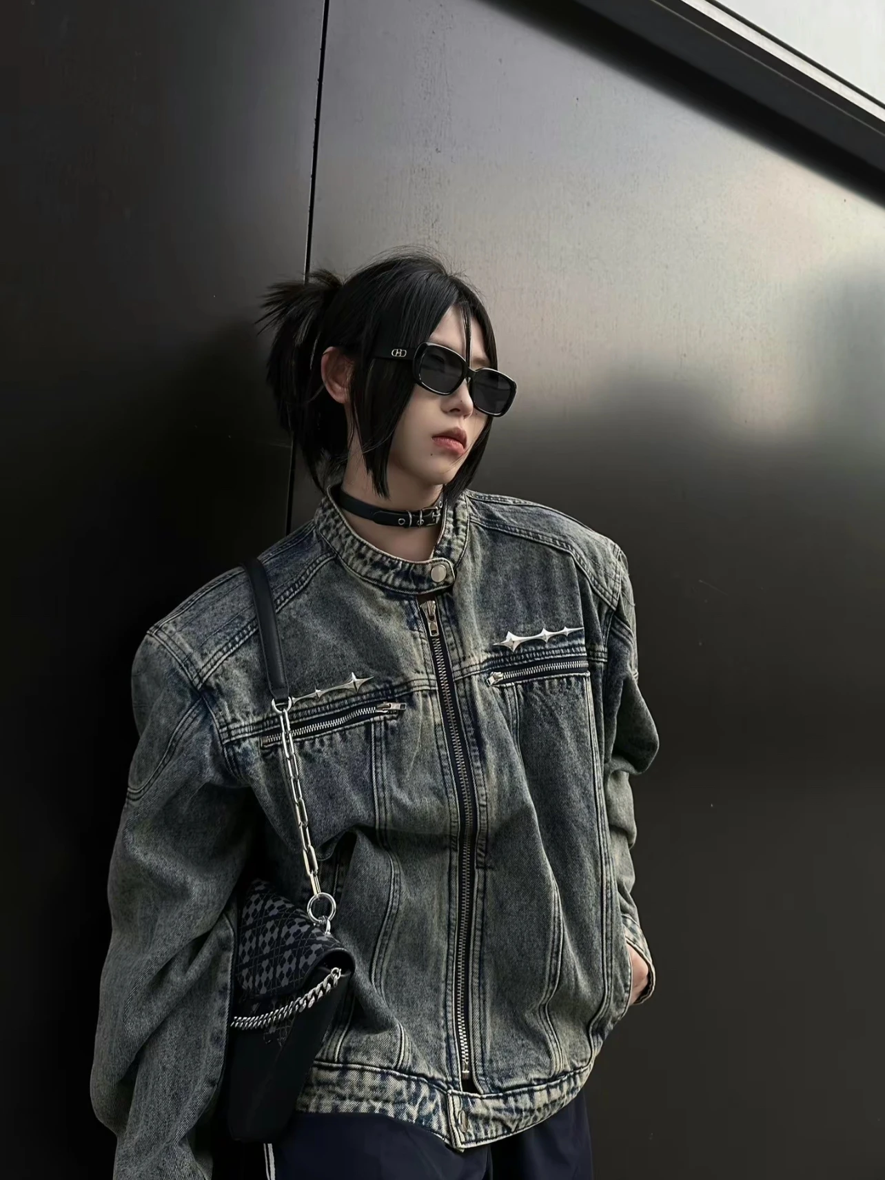 

Waed Metal Decorated ort Sle oulder Pad Jeans Jaet ex Trendy Design Spring Autumn Loose Fit Long Sve Coat