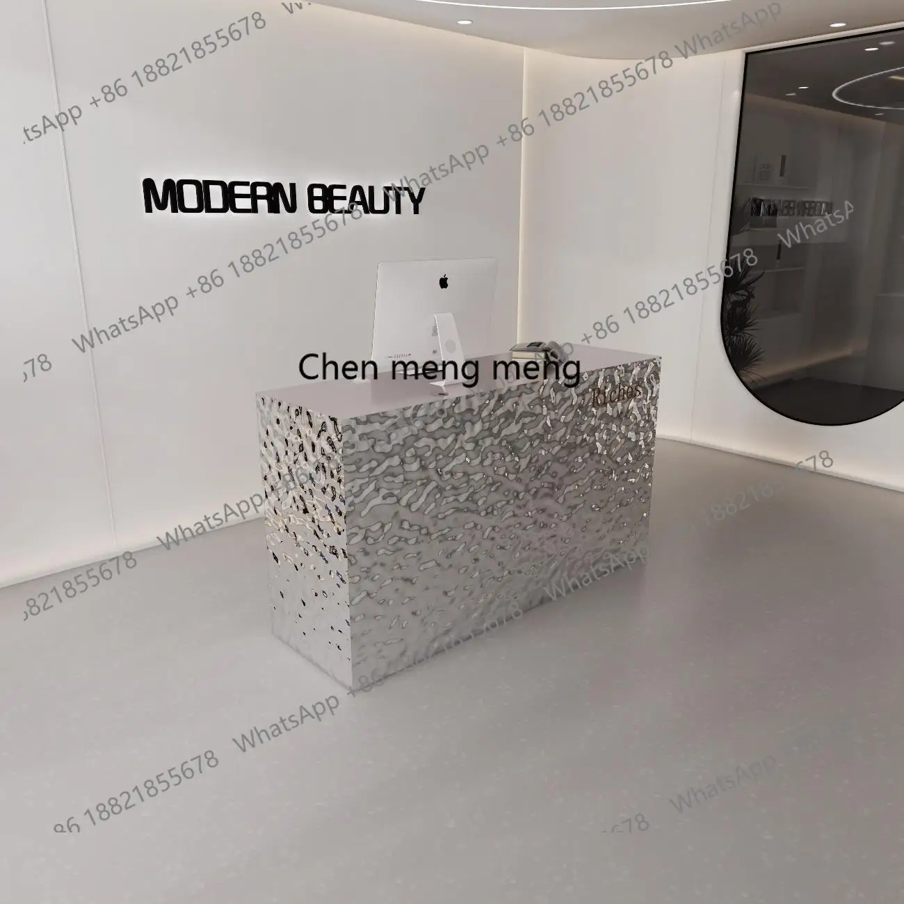 صفحة الخروج من الفولاذ المقاوم للصدأ منحني تموج الماء صالون تجميل مكتب الاستقبال متجر الملابس مكتب الاستقبال التجاري