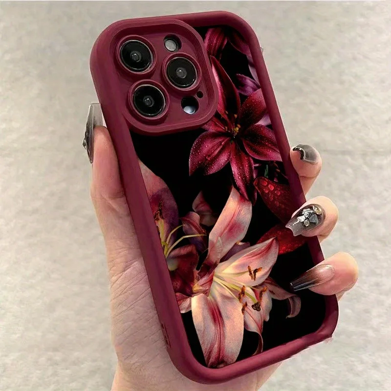 Luksusowe etui na telefon w kolorze ciemnego wina z motywem ciemnym, z wzorem kropli wody i lilii, do iPhone…