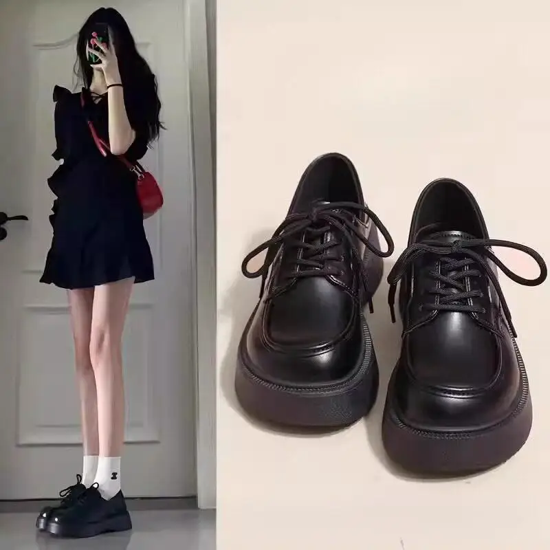 Elevated British Style Women's Black Leather Shoes Spring Summer New Arrival Thick Bottom Slip-On Fashionable Casual Loafers