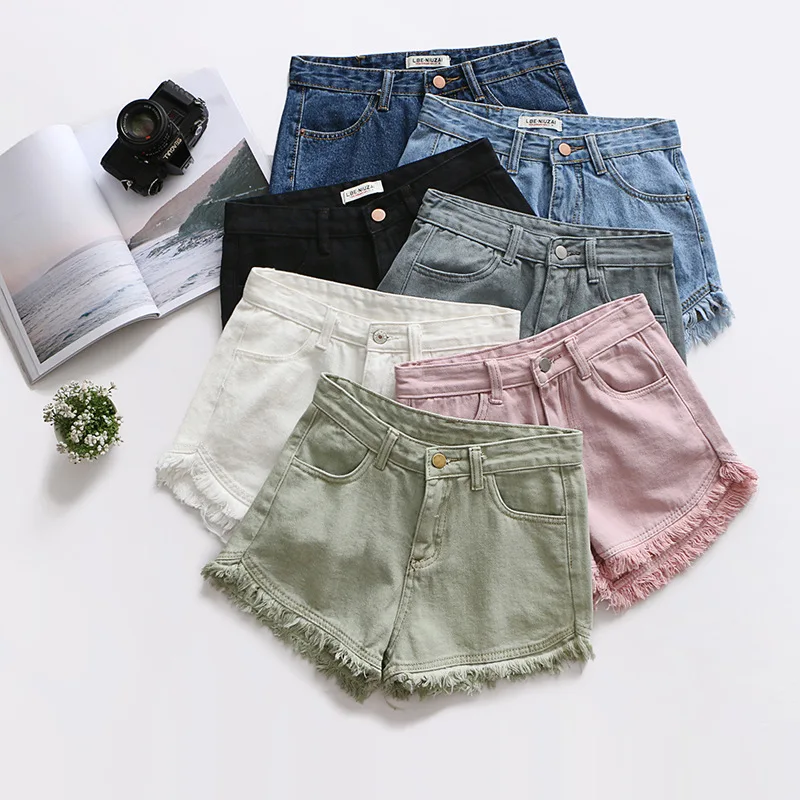 

Summer Women Denim Shorts Solid Tassel Zipper Pocket Slim Short Jeans Female New Fashion Casual Candy Color Hot Pants