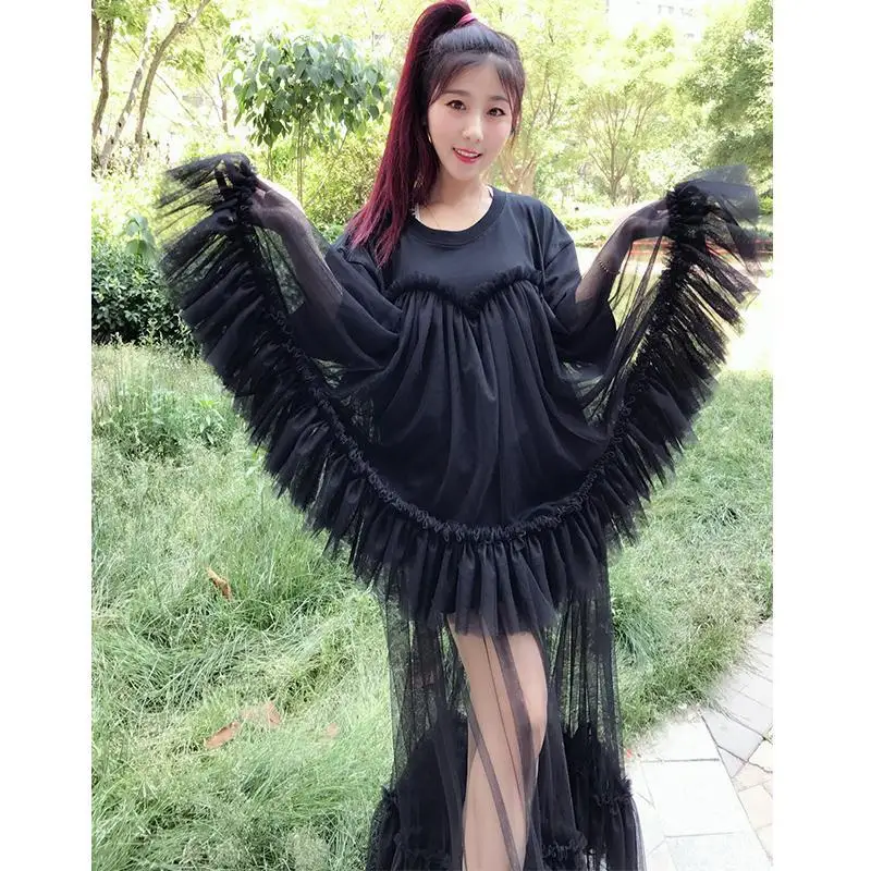 Original Design Multi Layer Ruffle Mesh Splicing Tassel Ultra Long Dress 2024 New Summer Short Sleeve Oversize Dress Fairy Top