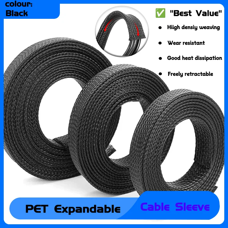 PET Braid Sleeve  High Density Insulated Snake Skin Cable Wrap Sheath Black 2/4/6/8/10/12/14/16/20/25/30/35/40/50/60mm 1~50m
