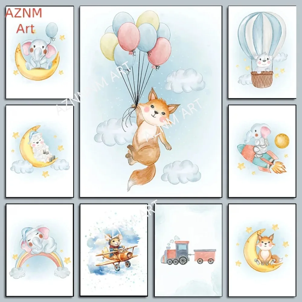 1PC ，Minimalist Canvas Posters Cute Baby Animals Watercolour Moon Rainbow Cloud Balloons Prints Wall Art Home Living Room Decor