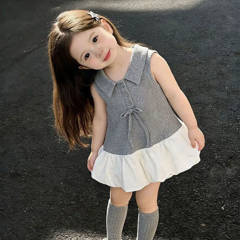 2026Summer girls' blue doll collar polka dot dress, stylish college-style baby dress