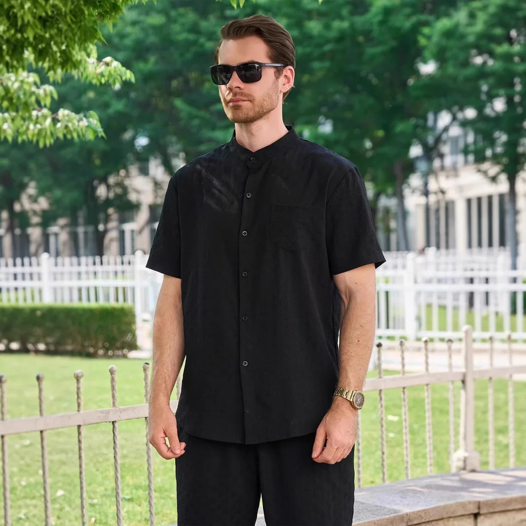 Summer Men's New Style Palace Picture Solid Color Jacquard Stand up Collar Pocket Cardigan Outdoor Short sleeved Shirt Men Wear