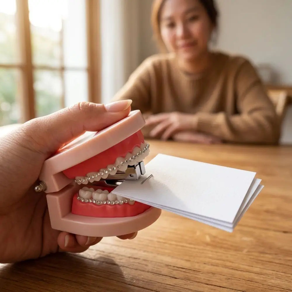 Novelty Rhinestone Denture Stapler Plastic Funny Prank Mini Stapler Gag Style Easy Stapling Denture Shaped Stapler Party Favor