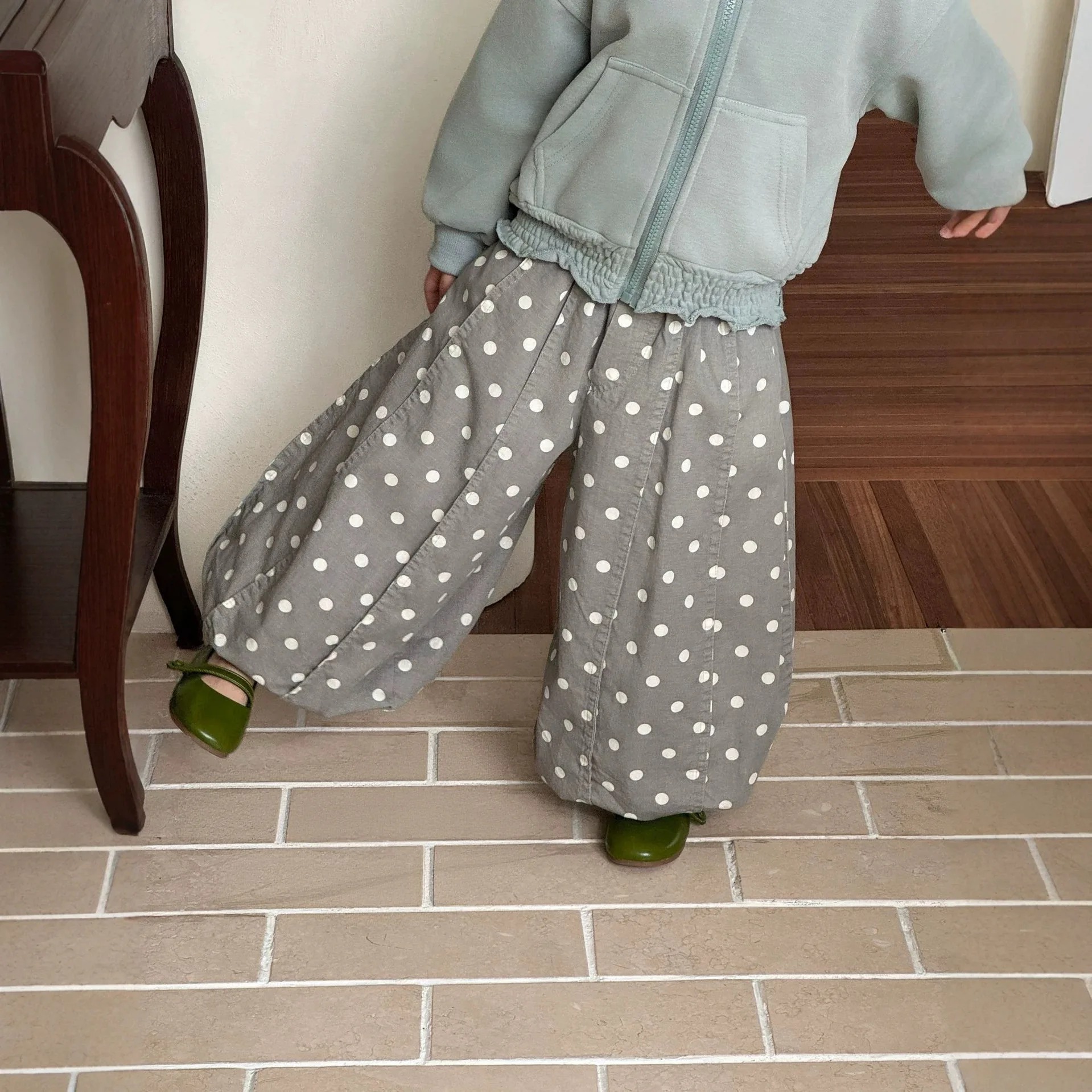2026 Spring and Autumn Winter Style Girl's Design Feel Full of Inkwaves, Point Lanterns, Casual Loose Wide Leg Pants