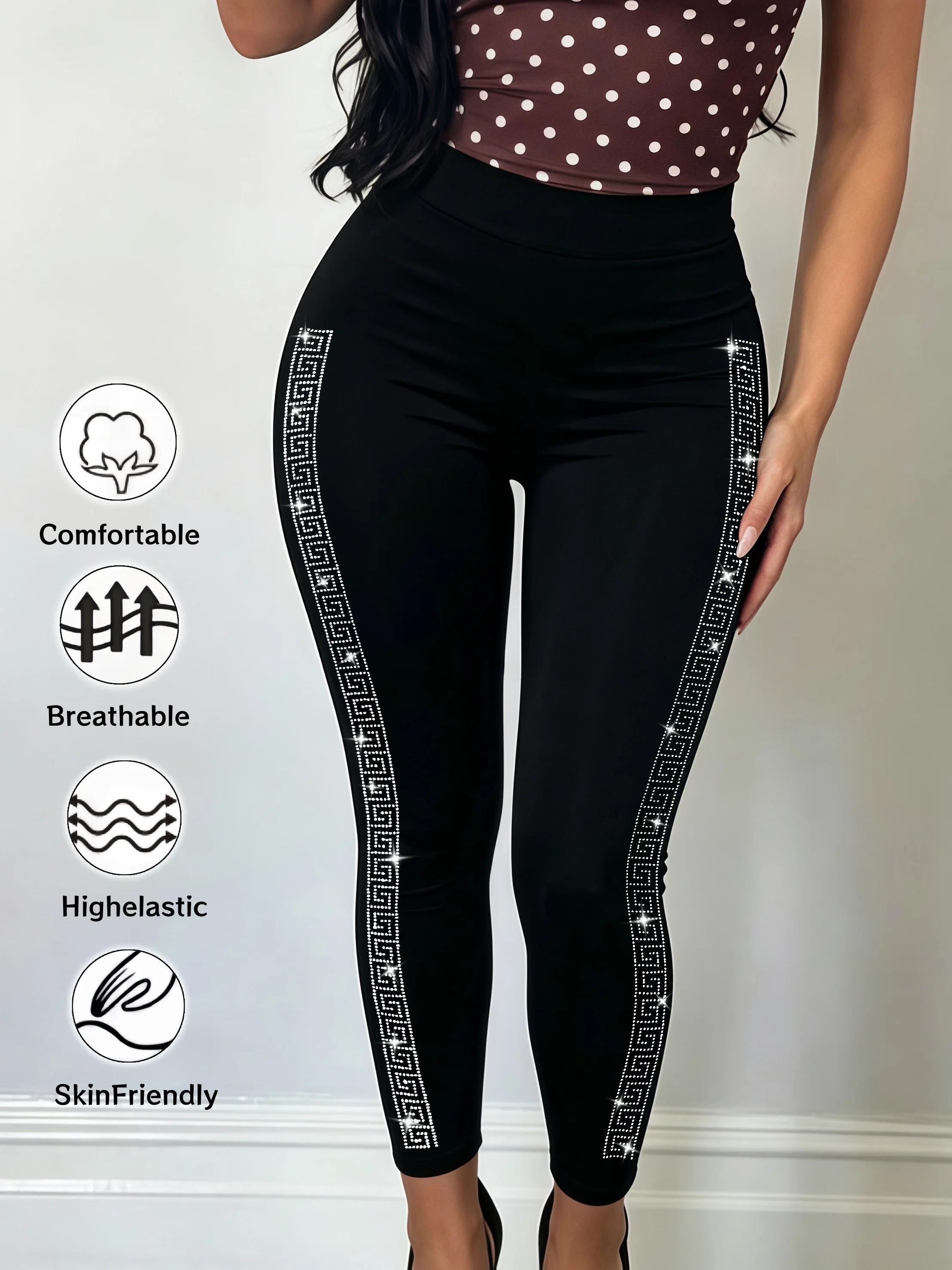 Women's Rhinestone Trim High-Waist Leggings Comfy Slim-Fit Perfect for Outings Commute