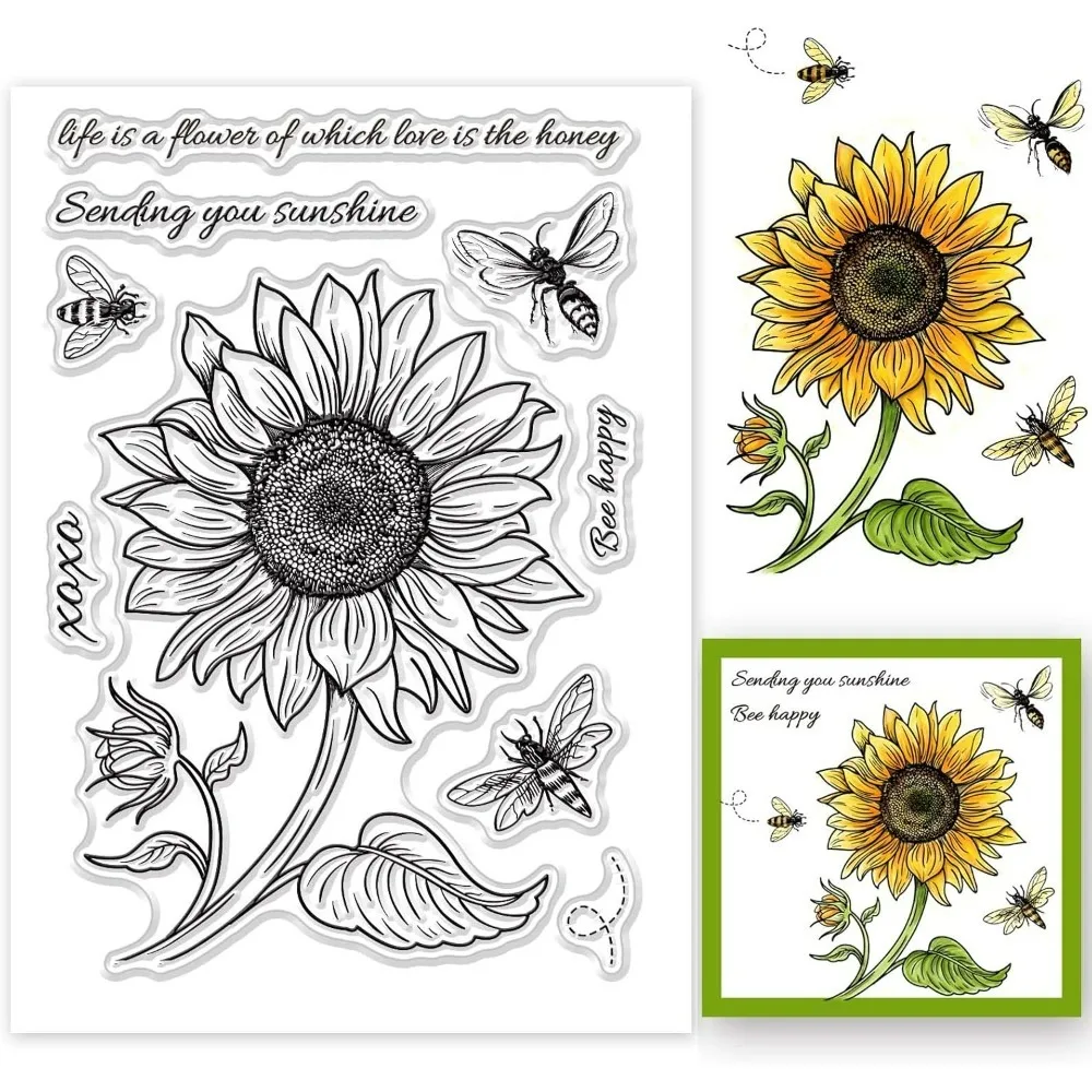 Sunflower and Big Bumble Background Clear Stamp Card Sketched Florals Silicone Clear Stamp for Scrapbook Journal Card Making