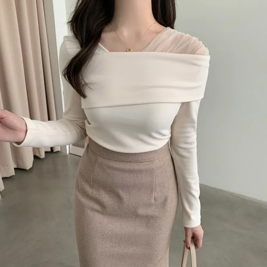 Neploe Irregular Off Shoulder Patchwork Mesh Clothing Femme Sexy Slim Fit Pullovers 2024 Autumn Solid Color V-Neck Knit Sweater