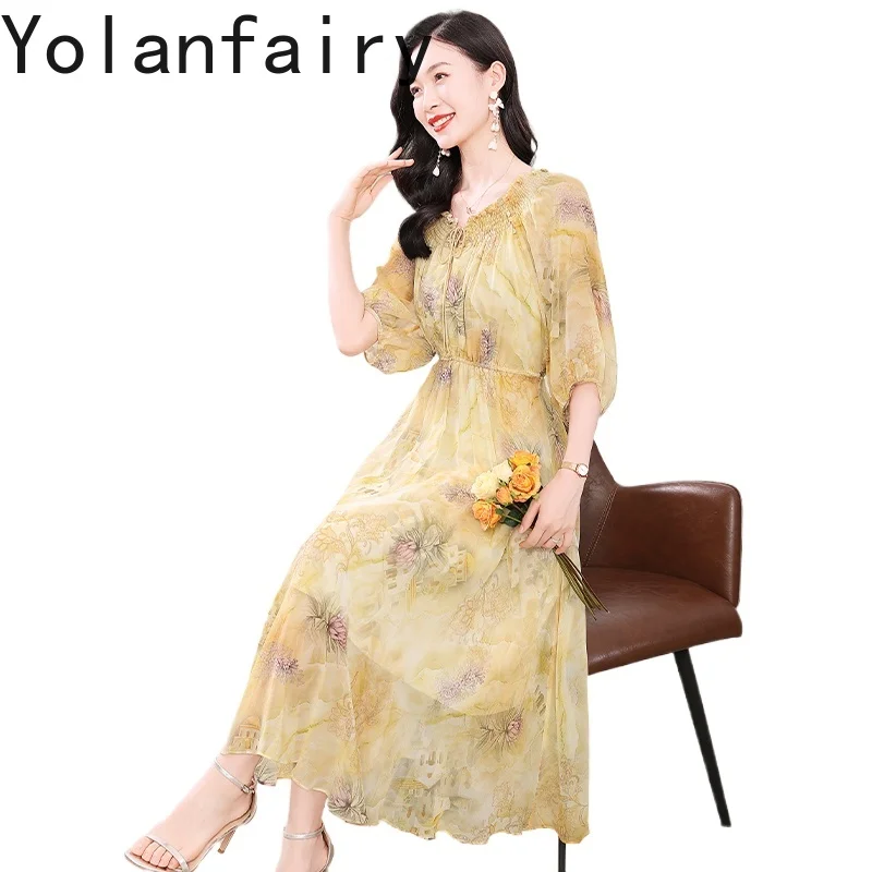 

YOLANFAIRY High Quality 100% Natural Mulberry Silk Dress Summer 2025 Korean Style Floral Holiday Dresses Woman Long Yellow Dress
