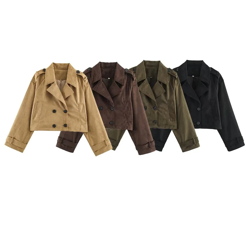 Guobioziy Women's Jacket 2026 Fall/Winter New Fashion Suede-Like Long Sleeve Turn-Down Collar Short Double-Breasted Trench Coat