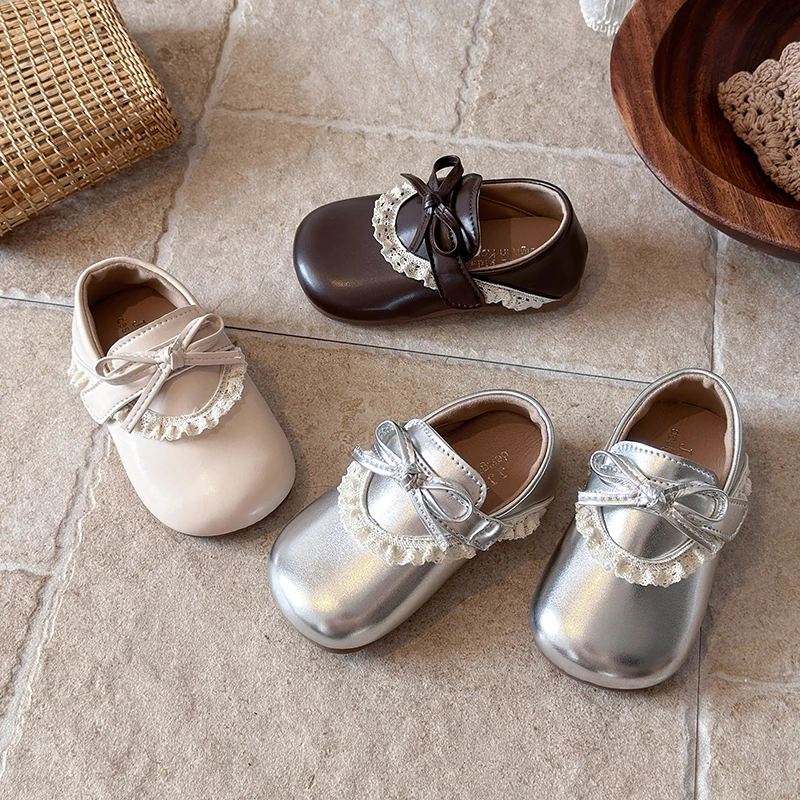 Autumn Girl's Mary Janes Bowknot Lace Pu Leather Sweet Kid's Flat Shoe Solid Colors Anti-slip Daily Versatile Children Shoes