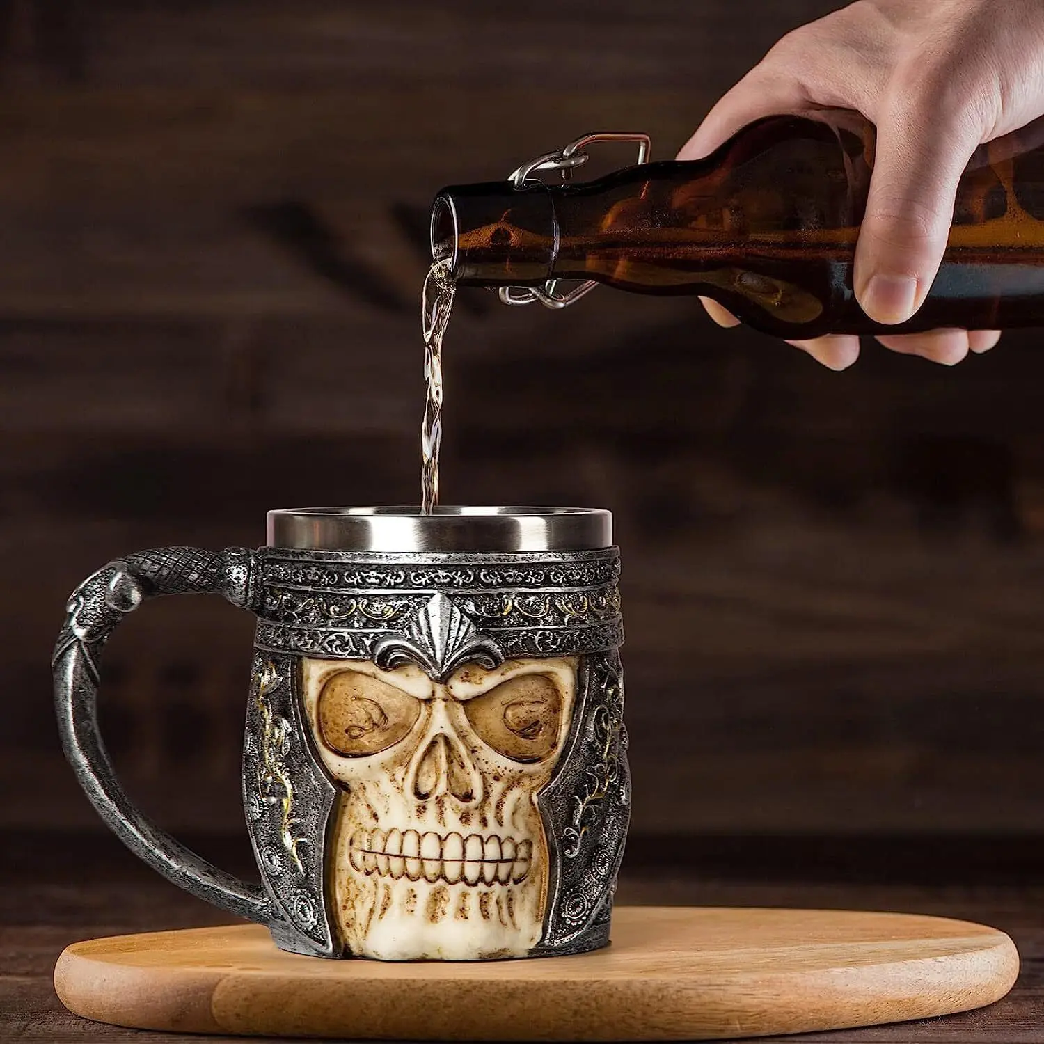 

Original Viking Drinking Mug Simulation Wooden Barrel Beer Cup Double Stainless Steel Mug Gift Home Cup Wood Color