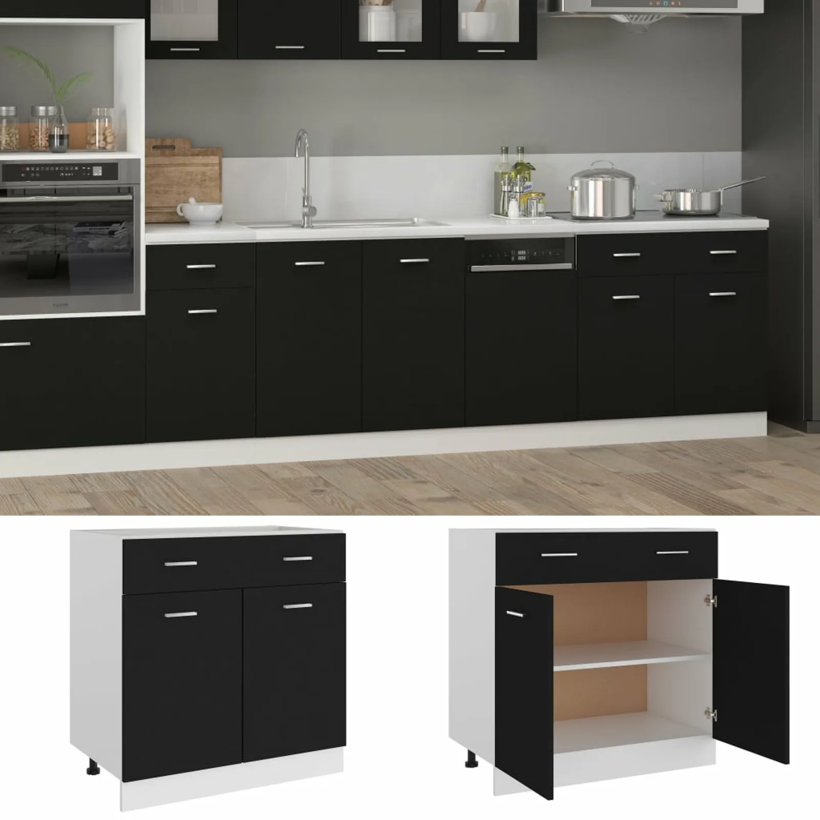Schwarzer Schubladen-Bodenschrank 80 x 46 x 81,5 cm aus Spanplatte für den Heimgebrauch