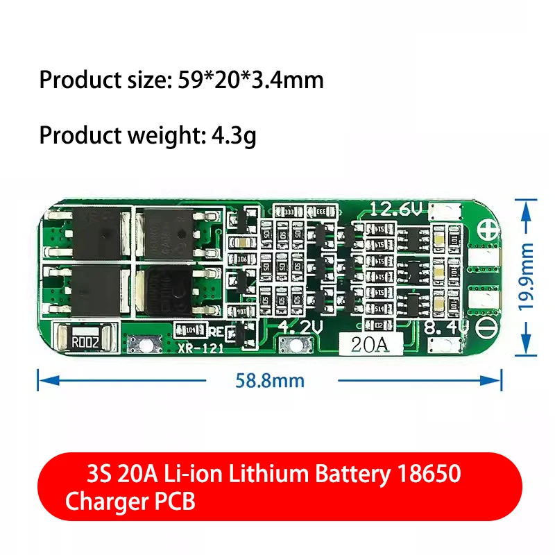 3S 20A Li-ion Lithium Battery 18650 Charger PCB BMS Protection Board For Drill Motor 12.6V Lipo Cell Module 64x20x3.4mm