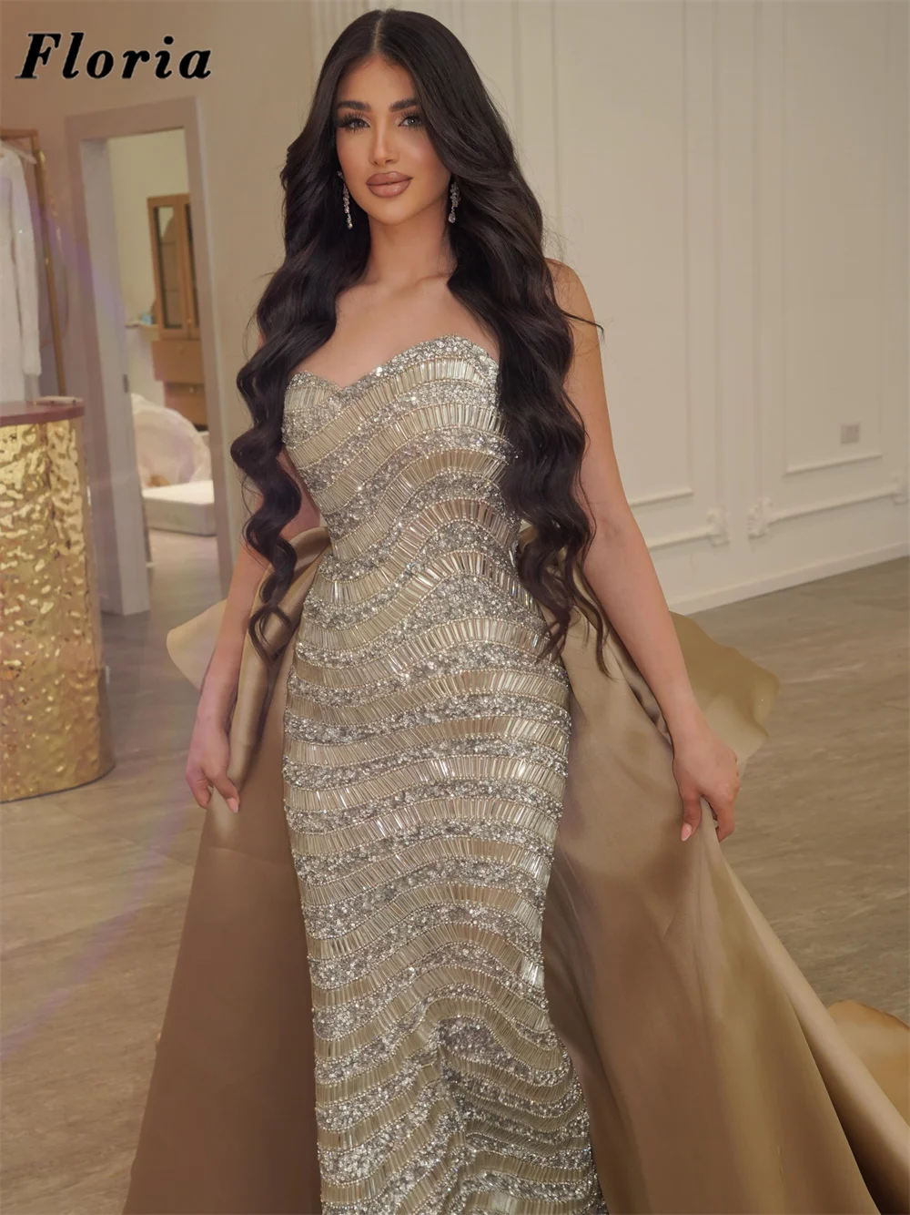 Two Pieces Champagne Beaded Prom Dresses With Overskirt Customized Crystals Sequins Evening Wear Gowns Party Dress Plus Size