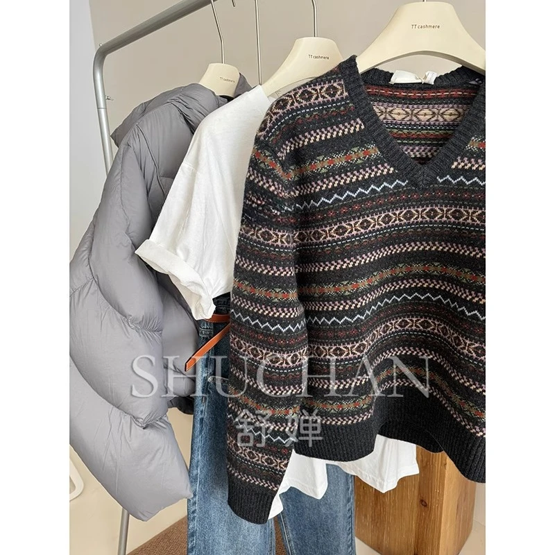 

Autumn and Winter New Retro Jacquard Knitted Sweater Loose Lazy Style Cashmere Bottoming Top Warm Pullover