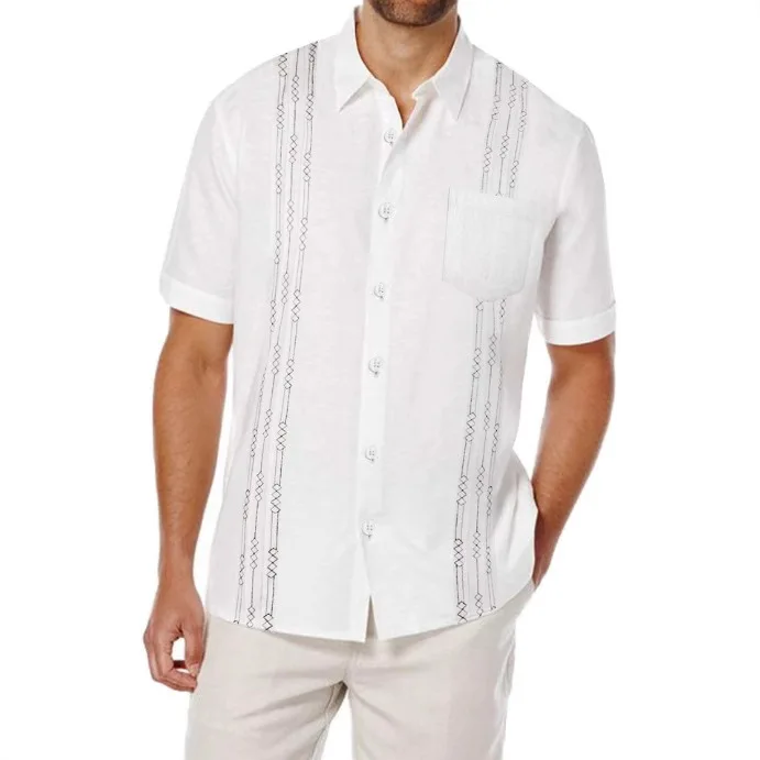 

2025 Summer New Fashion Men's Casual Trendy Striped Embroideried Linen Short Sleeve Turn-down Collar Single-breasted Shirts Male